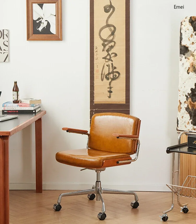 

Genuine Leather Comfortable Long-Sitting Lifting Movable Home Study and Bedroom Backrest Armrest Swivel Chair Office Chair
