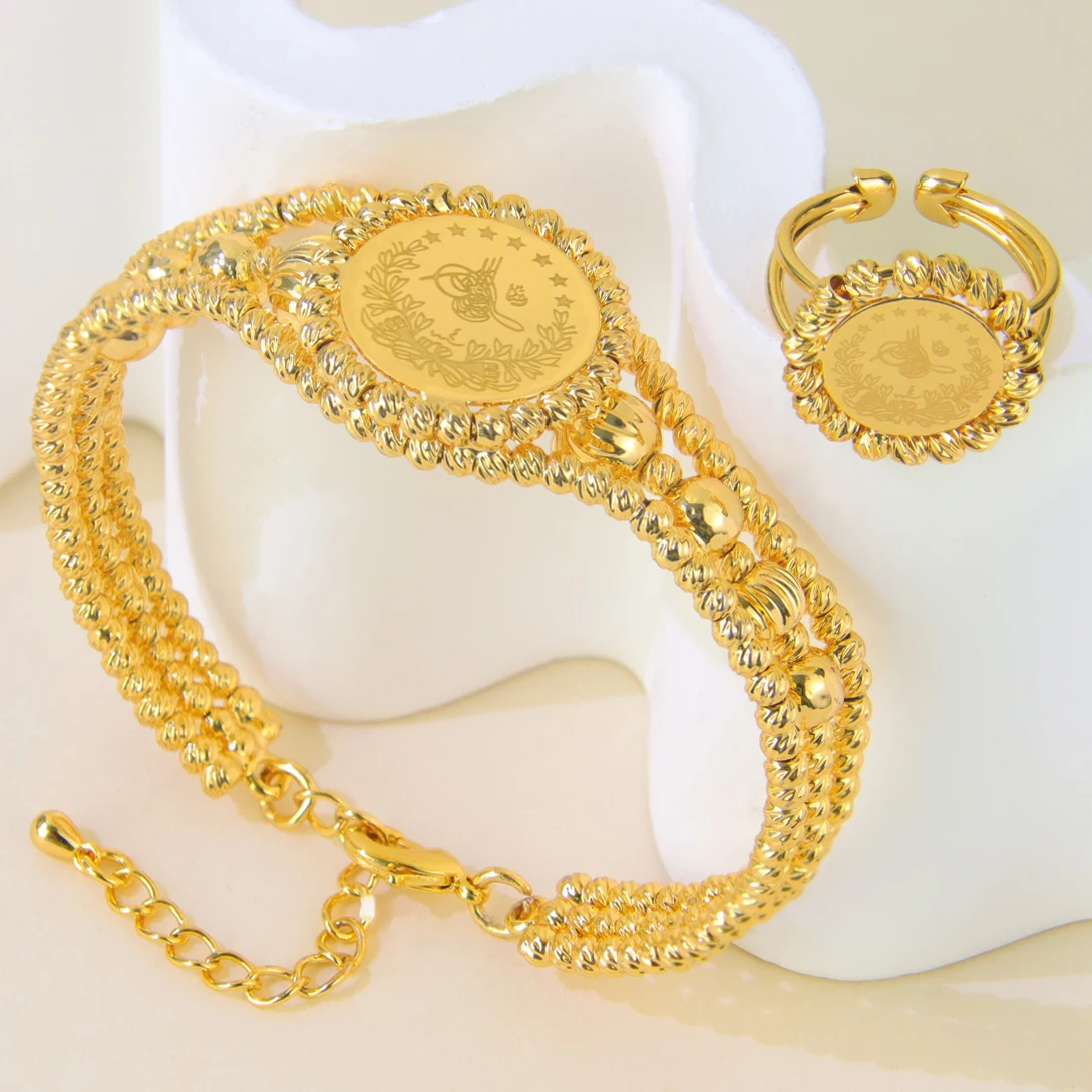 Arabisches Mode-Münzschmuckset 21k Vergoldet Türkische Vintage-Armreifen Ringe Kurdischer Brautschmuck für Frauen Vintage-Partyschmuck – Detail 7