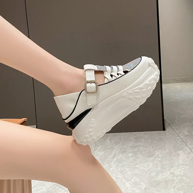 7cm Suede Genuine Leather Platform Wedge Comfy Fashion Bling Breathable Women Chunky Sneakers Summer Hollow Leisure Shoes