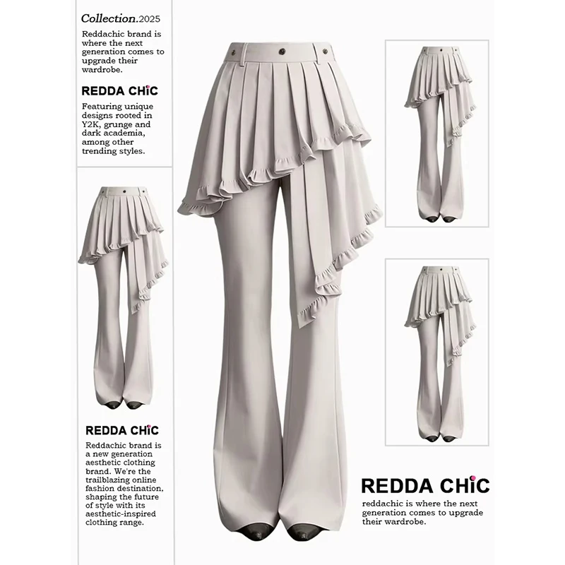 

ReddaChic Pleat Skirt Stitch Women Suit Pants Slim Fit Fake Two-piece Layering Low Rise Flare Trousers Korea Alternative Clothes