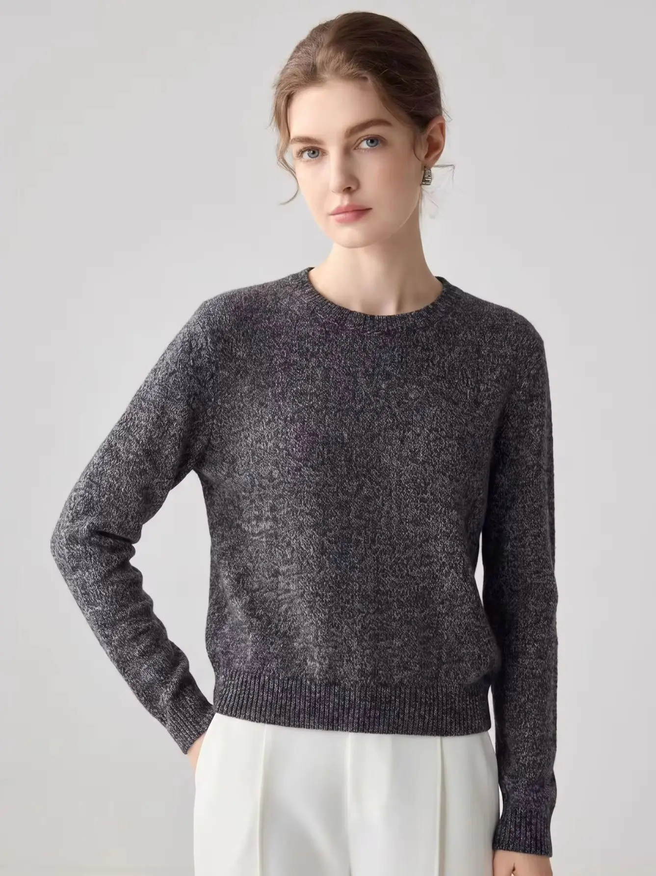 TLOML Women's 100% Cashmere Sweater O-Neck Flower Yarn Dropped Shoulder Pullover Cashmere Knitwear Autumn Winter Soft Thick Tops