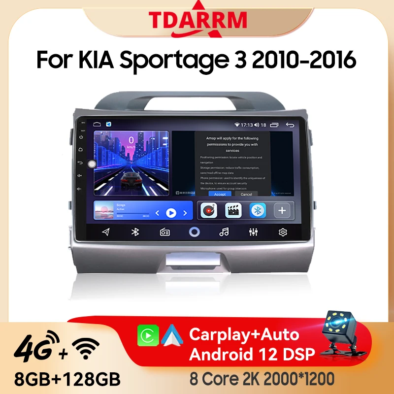 Autoradio Android 13 avec Navigation GPS pour Voiture, Lecteur Stéréo Vidéo, 2K, QLED, pour KlA Sportage 3 (2010-2016)