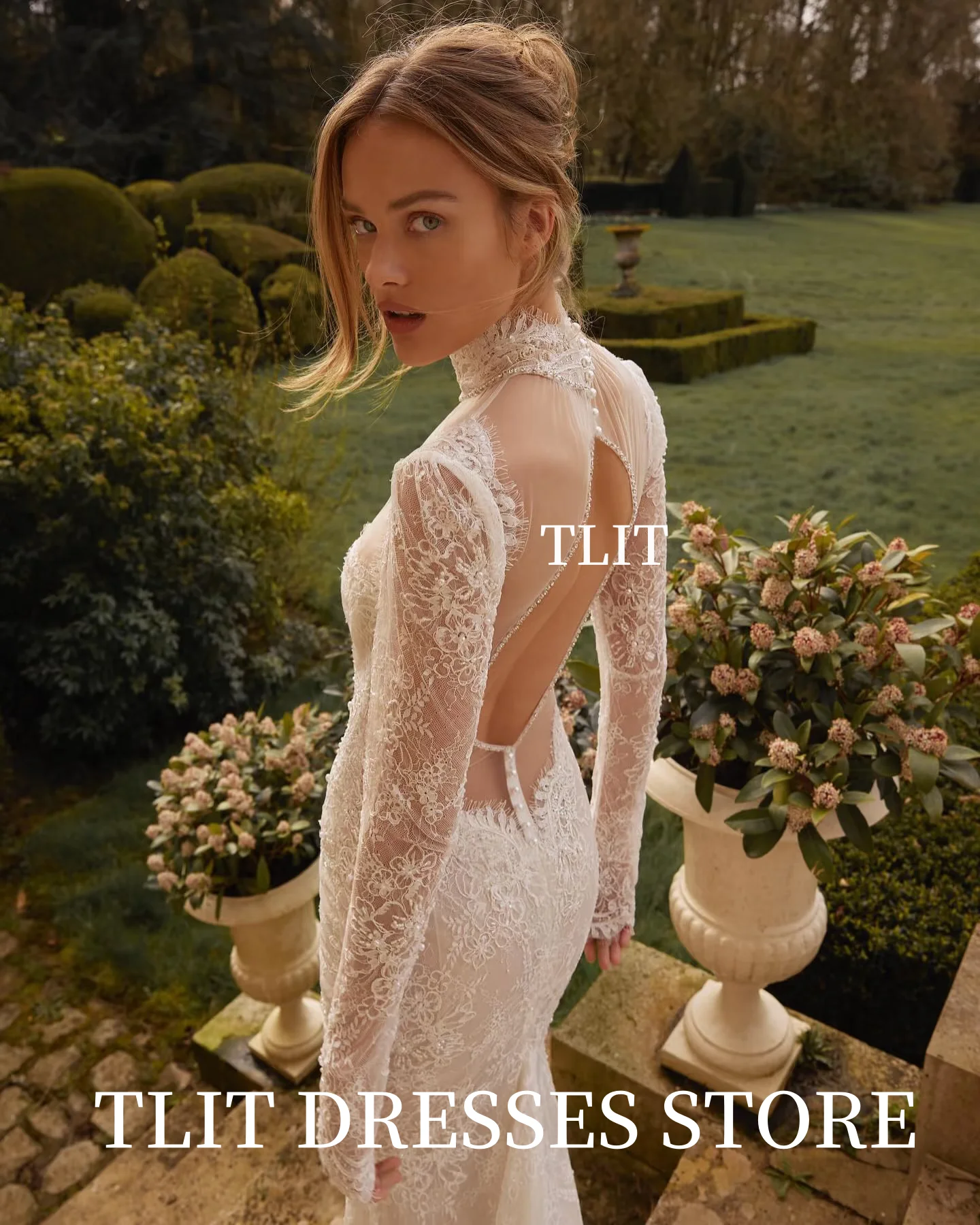 TLIT Luxurious Lace Mermaid Wedding Dresses Customized Long O-Neck  فساتين زفاف Long Lace Sleeve Backless Bridal Gowns