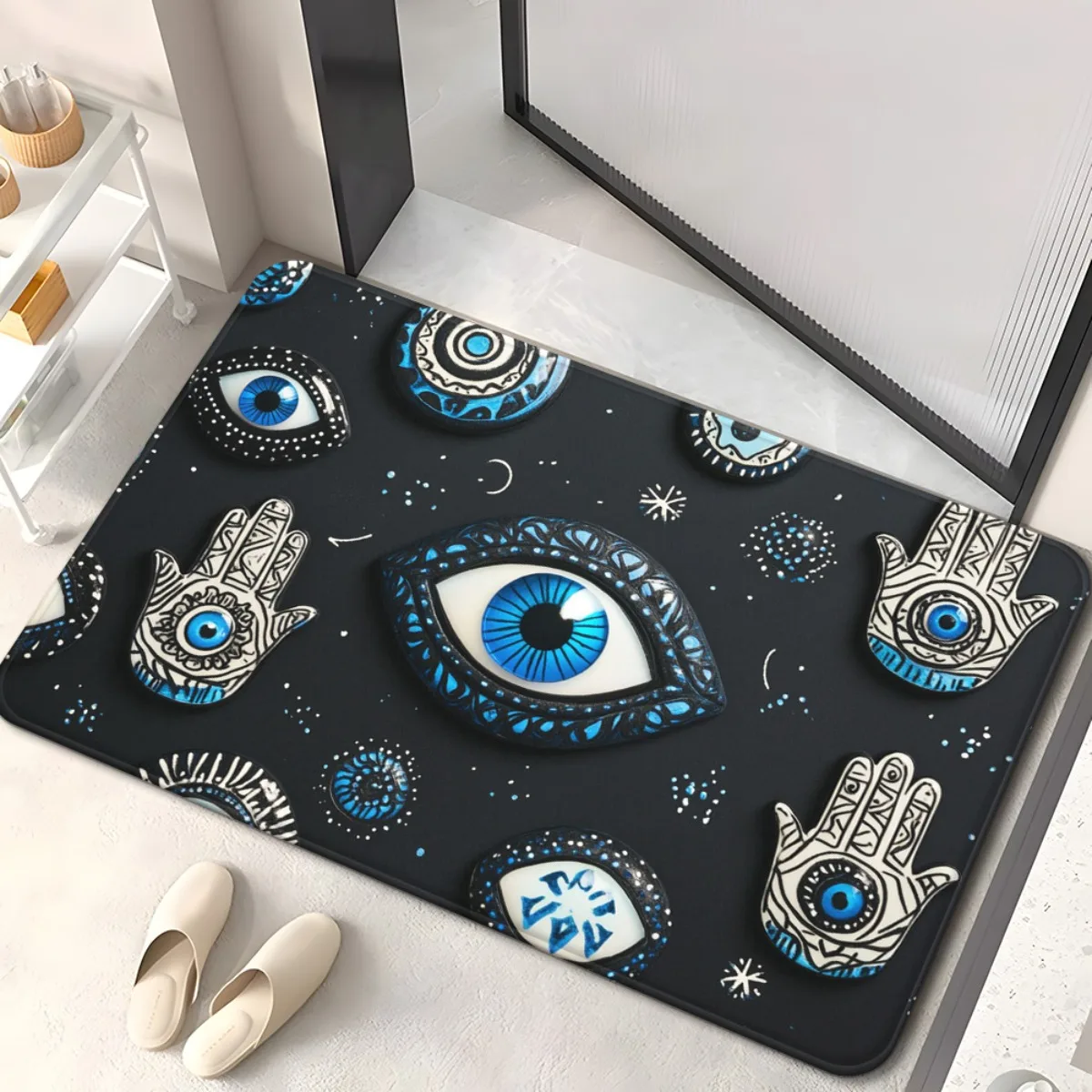 Decorative Hamsa & Nazar Eye Doormat – Blue & White Symbolic Pattern on Black, 40x60cm Entry Floor Mat