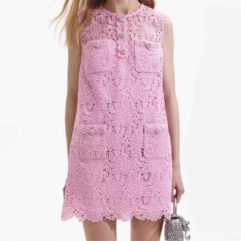 

Elegant dresses for women 2024 Summer New Korean Fashion Mini Dress Water soluble flower embroidery sleeveless Short dresses y2k