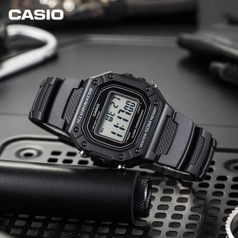 Casio W-218H-1A Men's Digital Watch 44mm Resin Strap 50M Waterproof 7-Year Battery Alarm Stopwatch LED Light Square Retro