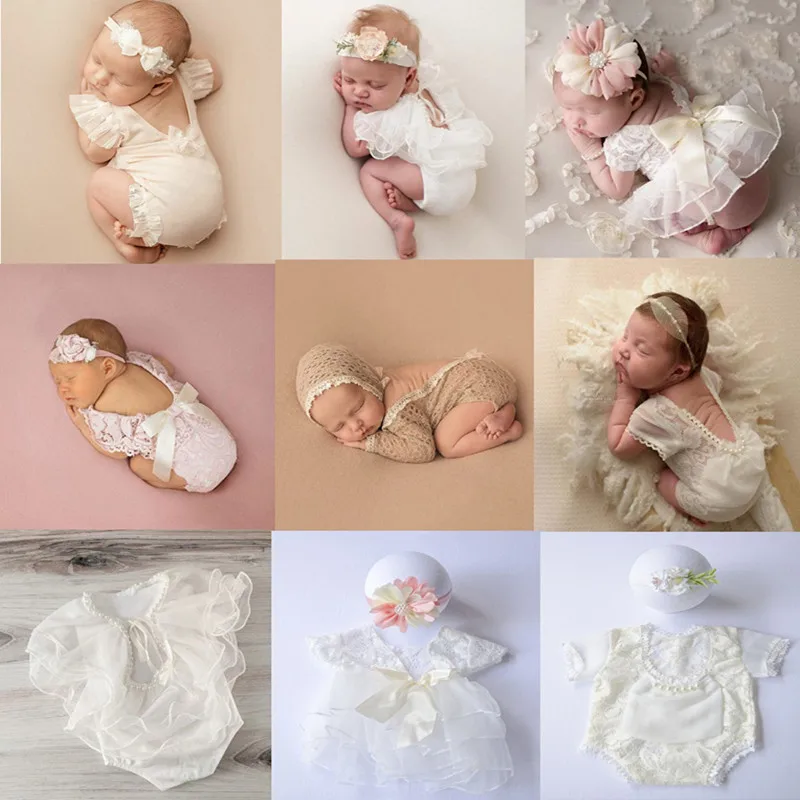 0-1Month Baby Neugeborenen Fotografie Requisiten Stirnband Baby Mädchen Spitze Romper Body Outfit Fotografie Kleidung