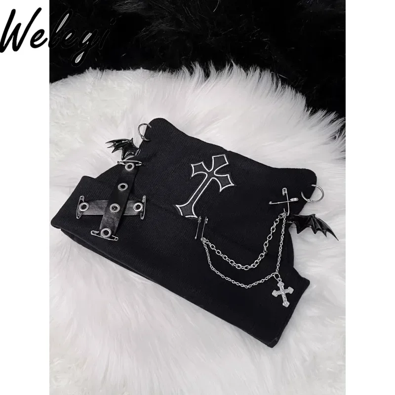 

Y2K Hip Hop Jirai Kei Cross Chain Knitted Wool Hat Subculture Punk Cat Ear Hats Autumn and Winter Yabi Warm Cat Ear Capes Female