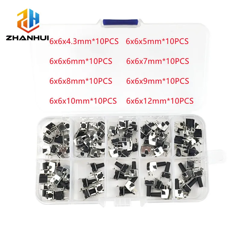 6x6mm Side Push Tact Switch (80 Pcs), SMD Right Angle PCB Connectors with Bracket, 4.3-12mm Height