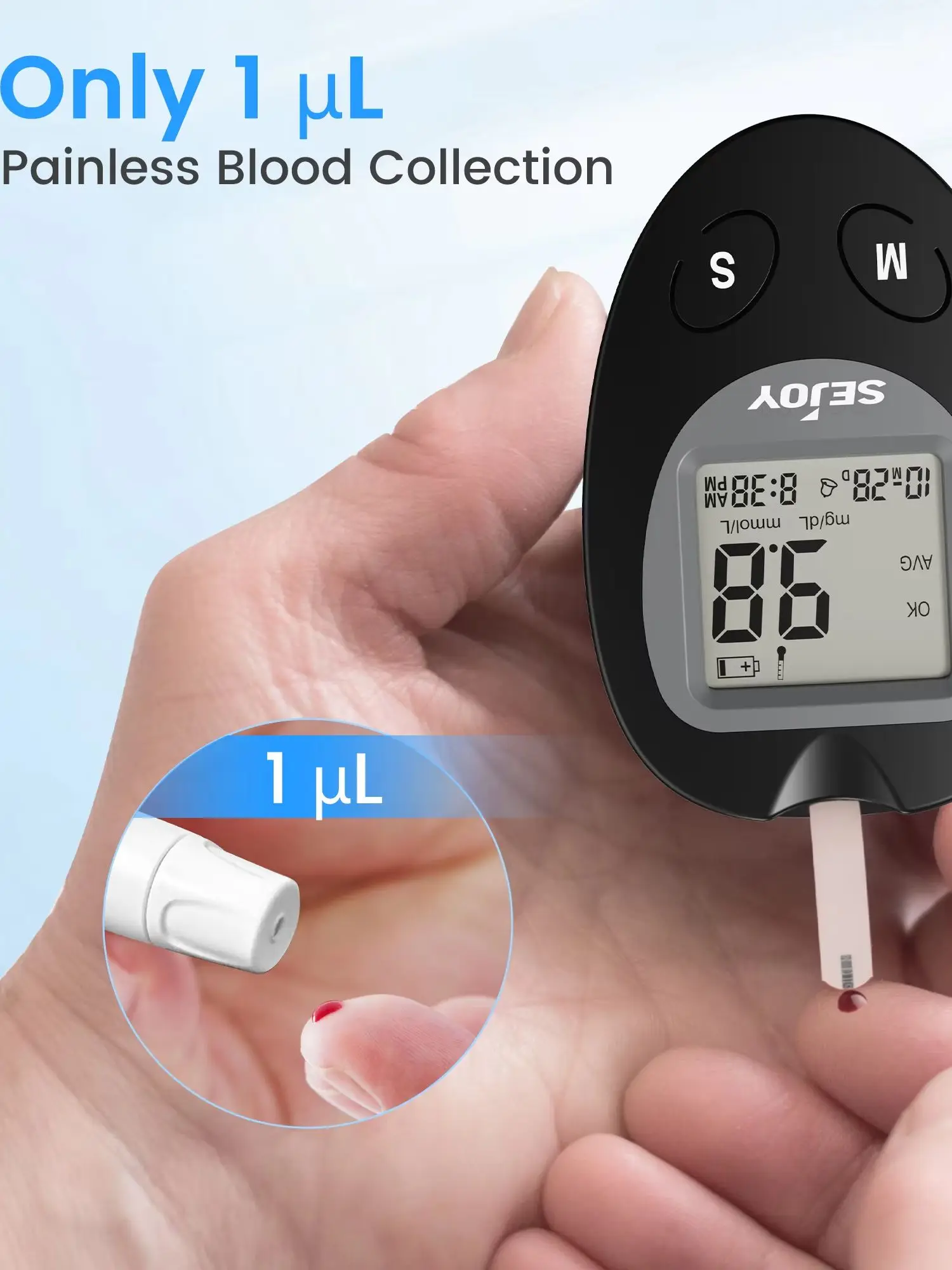 Sejoy Blutzuckermessgerät Glucometer Komplettset Diabetes-Zubehör Fingerblutzucker-Digitalmessgerät mit Teststreifen BG-201
