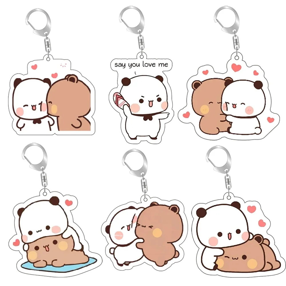 Lindo Bubu Dudu blanco gris pareja beso oso acrílico llaveros anillo para accesorios bolsa colgante llavero joyería Fans regalos de amor