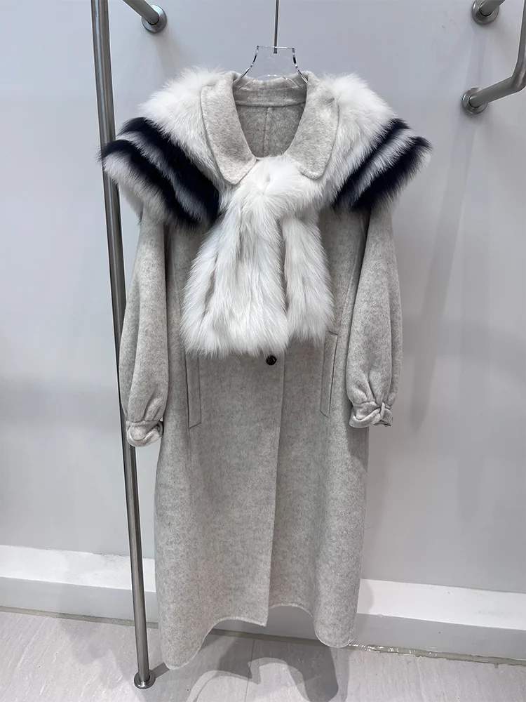 2025 nouvelle mode femmes hiver fourrure de renard naturelle col bleu marine longue laine manteau de laine vêtements d'extérieur pour femmes veste de rue