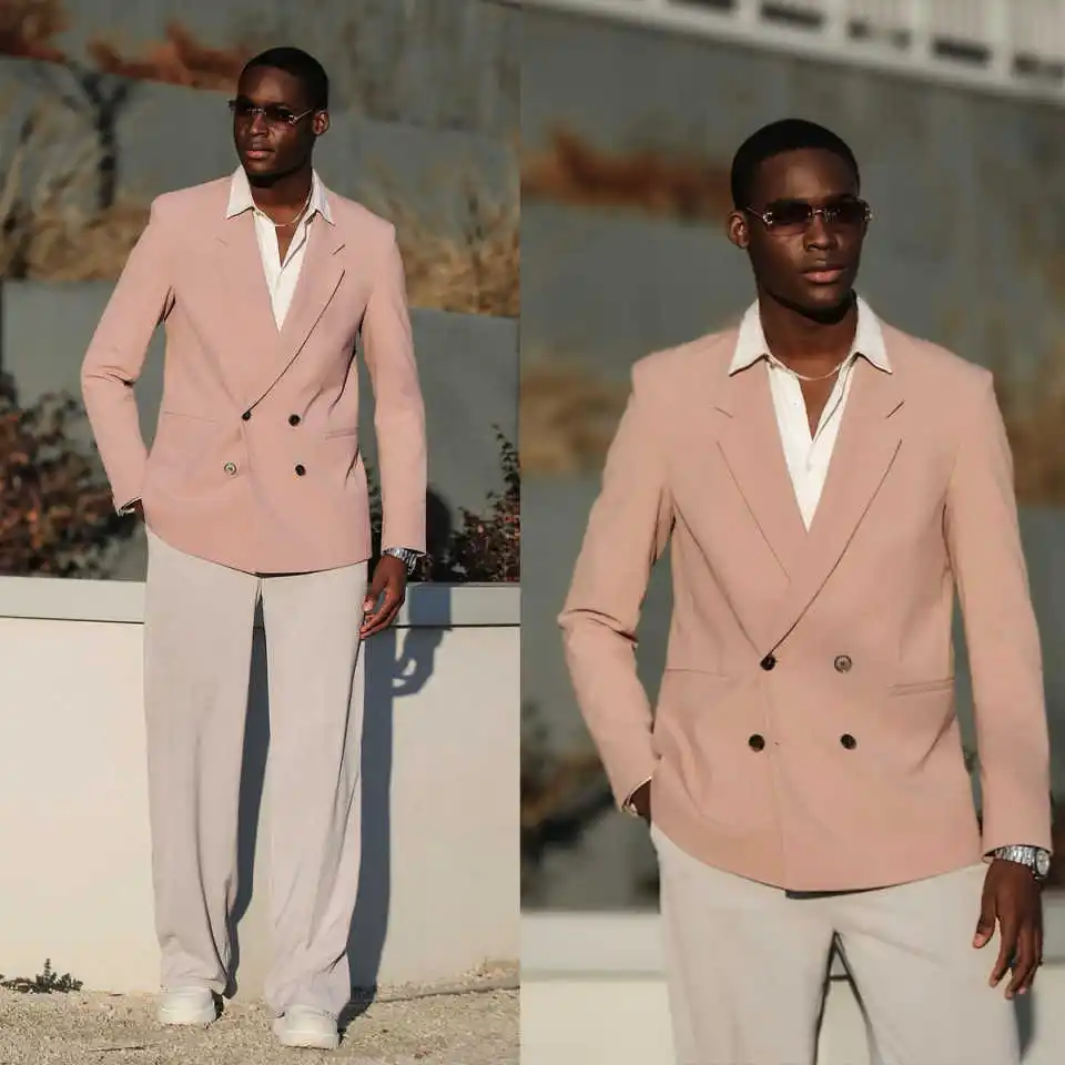 

Casual Men Suits Set Fashion Notched Lapel Double Breasted Tuxedos Daily Modern Loose Jacket 2 Piece Formal Dress