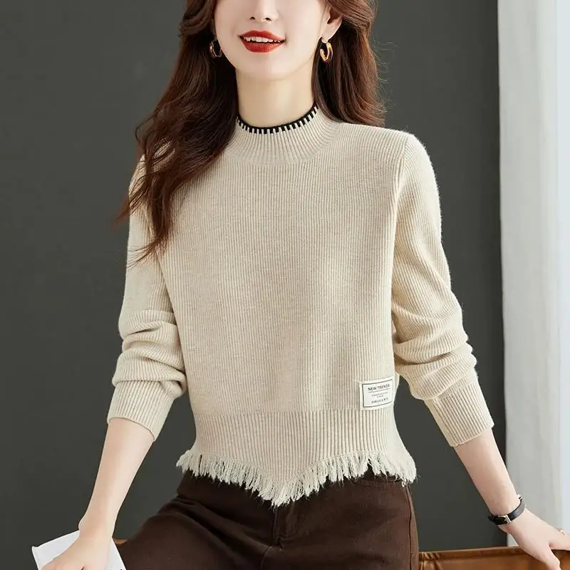 2024 High Neck Knitted Autumn and Winter Short Sweater New High Waisted Tassel Top Base Knit Outer Layer