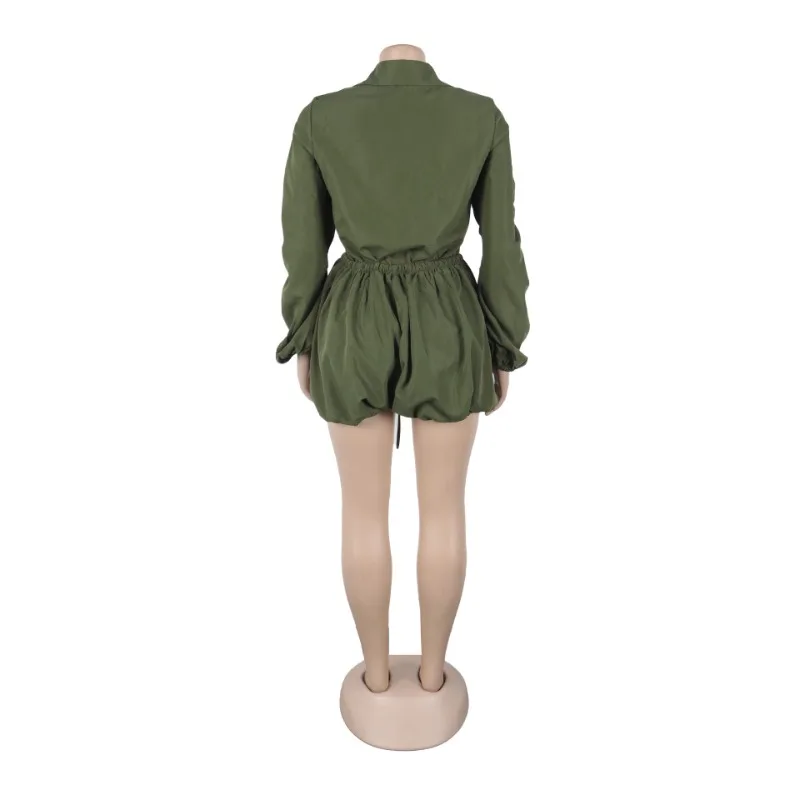 Moda mujer sólido Cargo linterna pantalones cortos monos cuello vuelto manga larga cordón con cordones peleles casuales ropa de calle