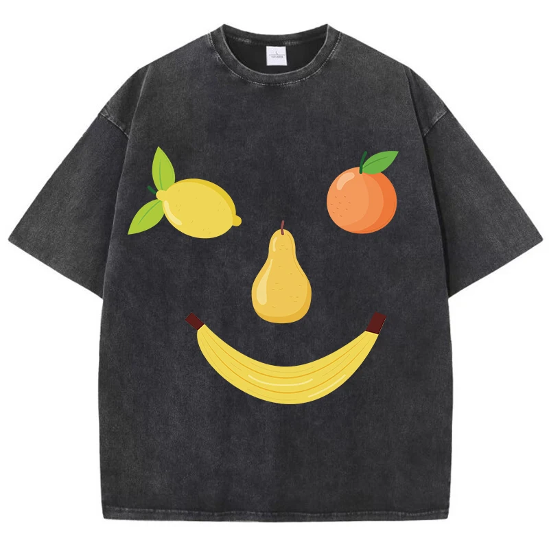 Fruit Smiling Face Cotton Washed T Shirts Women Funny Design Prints T-Shirt O-Neck Oversize Acid Wash Tops Street Woman Clothes