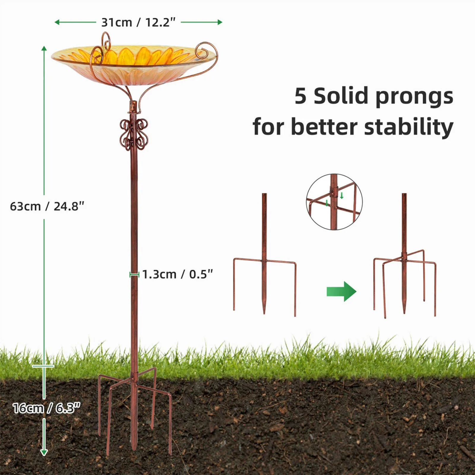 US Outdoor Glass Bird Bath Garden Decor Feeder Yard Art Birdbath Rustproof Metal Metal Stand for Garden