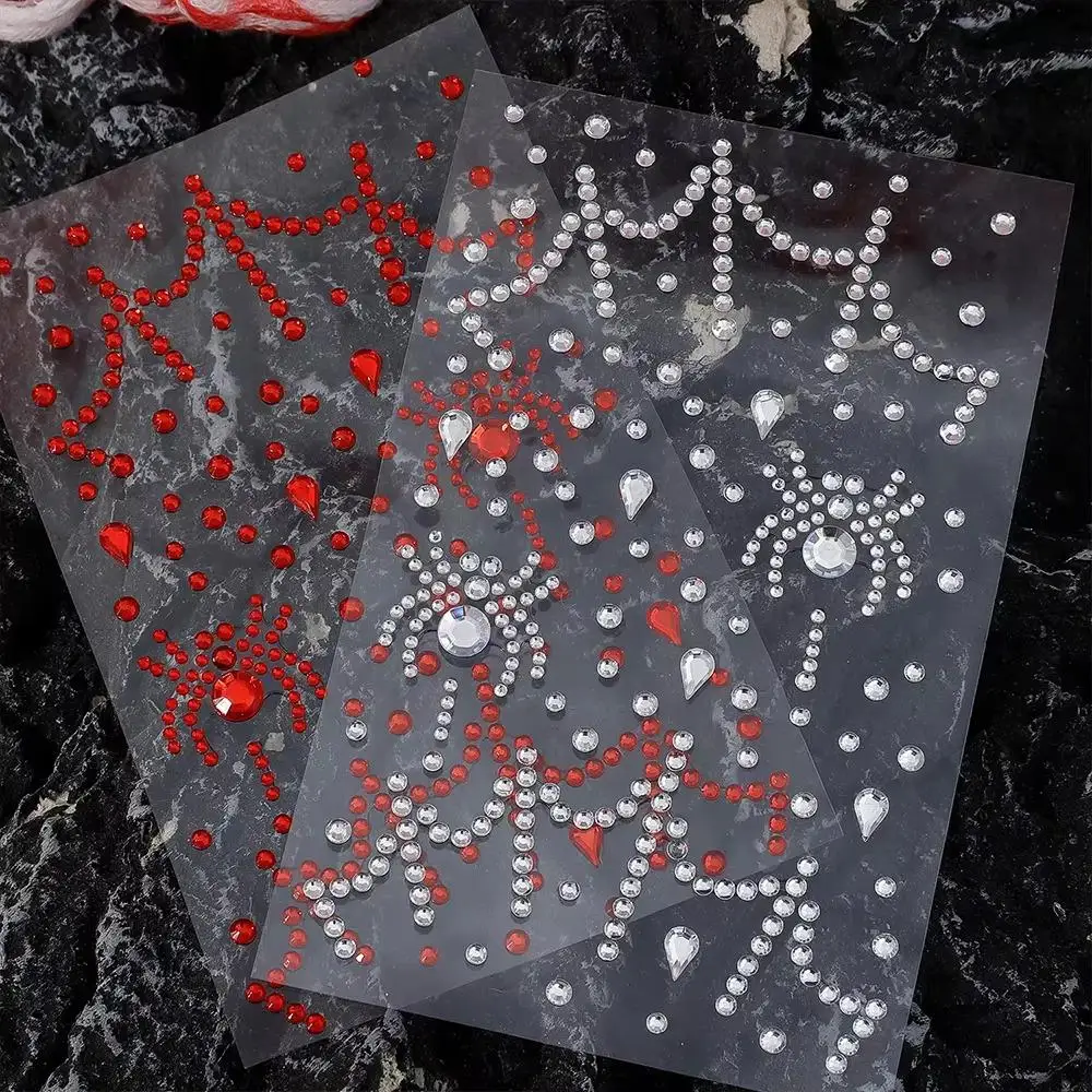 1/4 Sheet Face Jewels Crystal Tattoo Spider Pattern Facial Rhinestone Stickers Mix Size Self Adhesive Body Brow Makeup Halloween