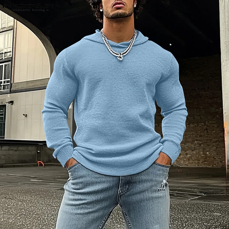 INCERUN New Men Clothing Fashionable Solid Hooded Sweatshirt Casual Male City Walk Texture Loose Long Sleeved Hoodies S-5XL 2024