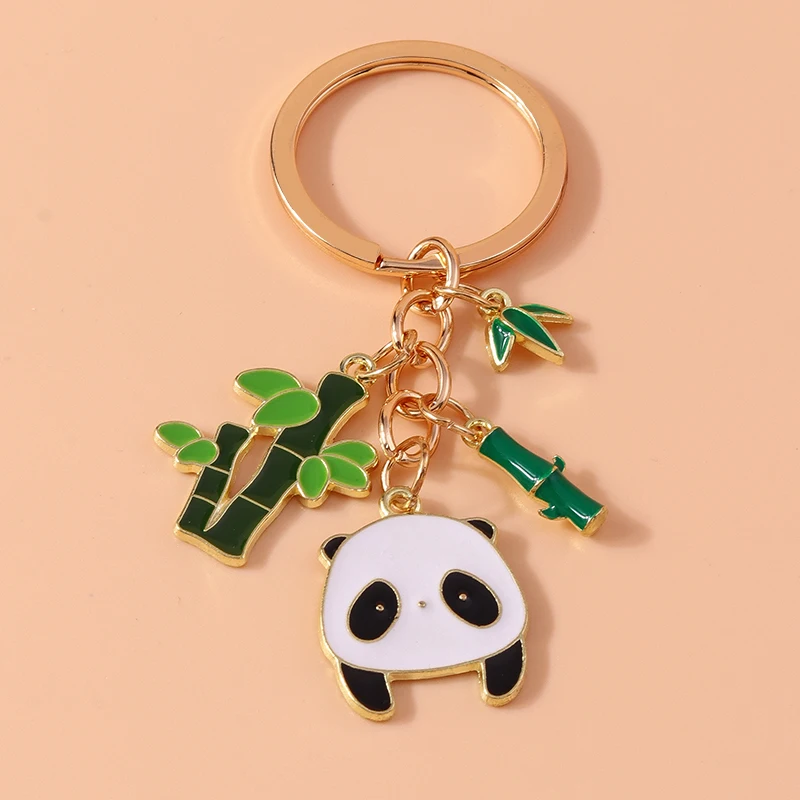 Cute Enamel Panda Keychain Bamboo Keyring Pendants for Key Holder Women Girls Handbag Accessories DIY Kid's Jewelry Gifts