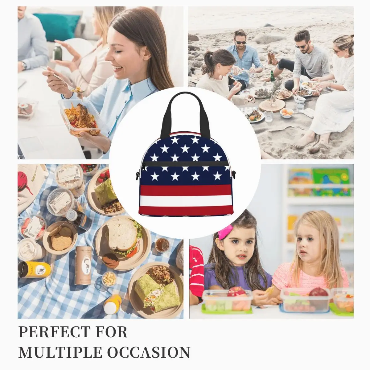 American Flag Patriotic Lunch Bag with Handle Stars and Stripes Capri Clutch Cooler Bag Office Fancy Pearl Cotton Thermal Bag