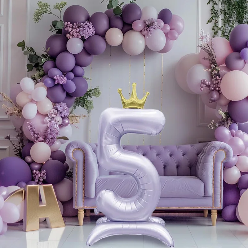 1pc 40Inch Purple Digital 0-9 Large Size Foil Balloons Single Stand Birthday Party Favors Balloons With Gold Crown Girls Birth A