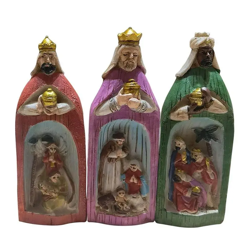 Wise Men Nativity Set Resin Crafts Three Kings Figurine Christmas Nativity Collection Set Abstract Art Sculpture Home Decoration