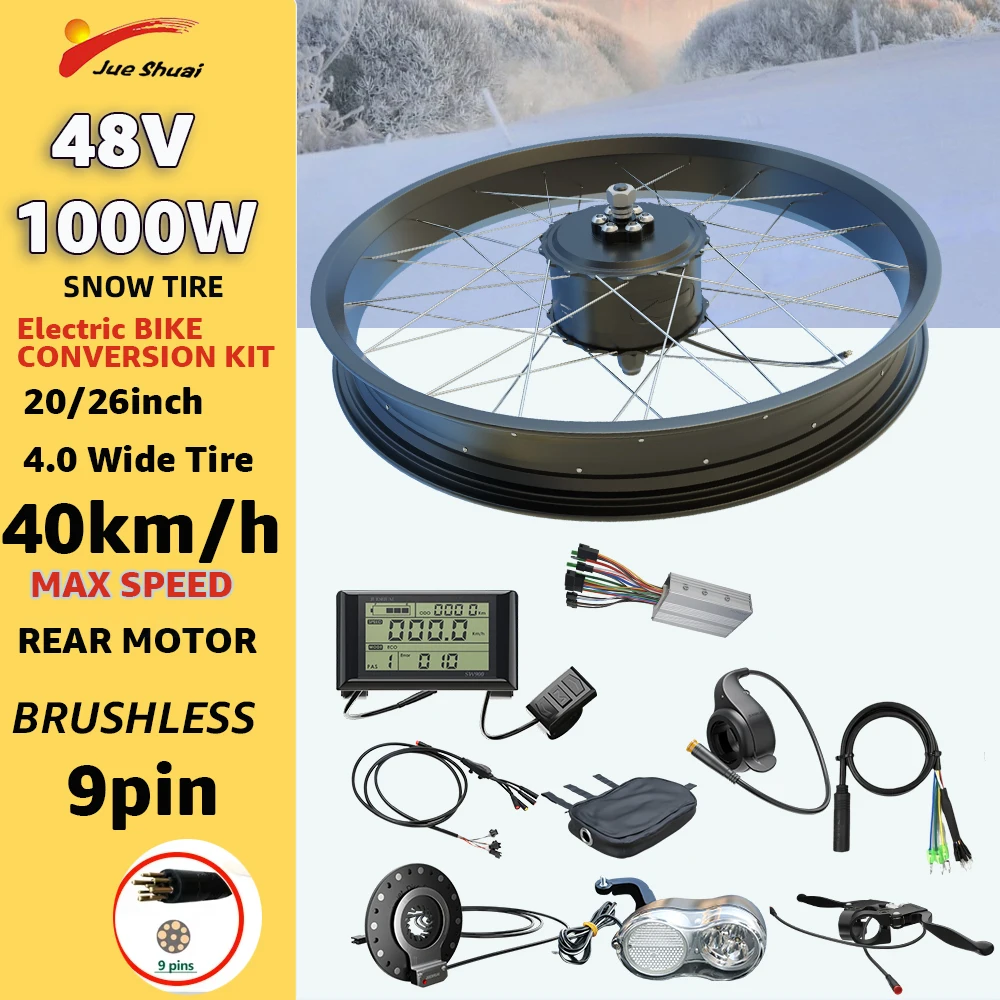 Snow Electric Bicycle Conversion Kit 48V 1000W Fat Tire 4.0 20”26” Front Rear Wheel Hub Motor Electric Bicycle Kit NO Battery