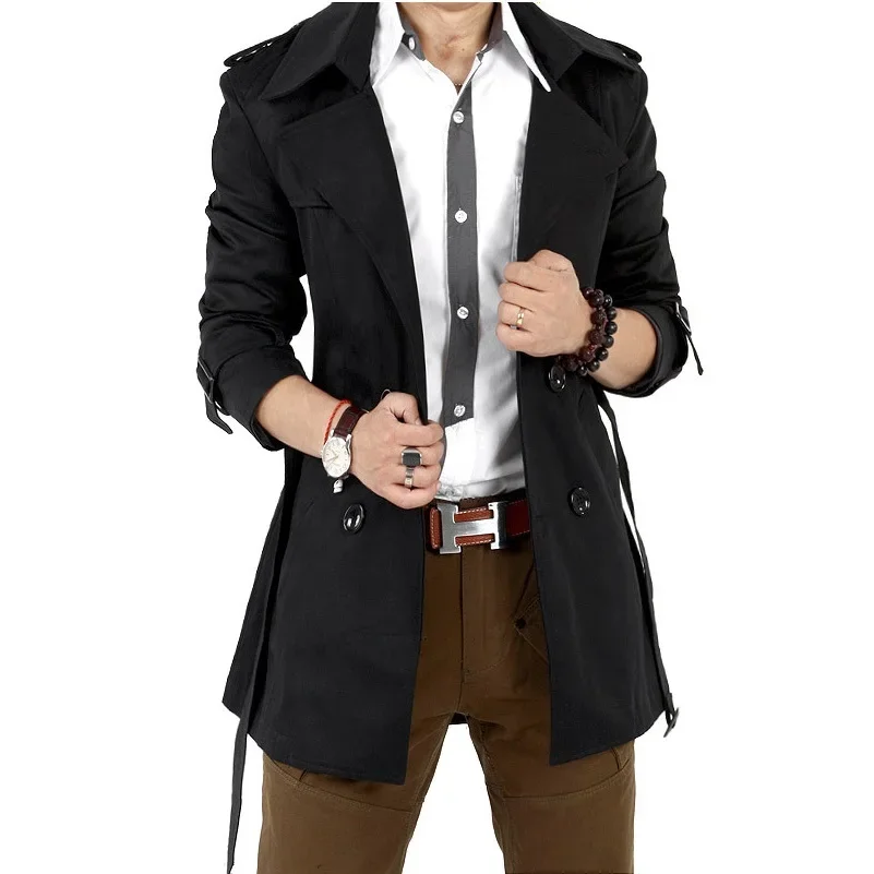 LIBIELIY Men's Windbreaker Jacket Vintage Black Khaki Spring Autumn Business Trench Male Double Breasted Retro Classic Long Coat