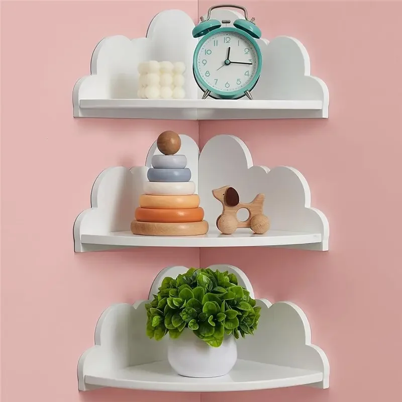 Floating Shelves, 3-Piece White Corner Shelf Set, Cute Wooden Wall-Mounted Shelves, Cloud Tray Shelf