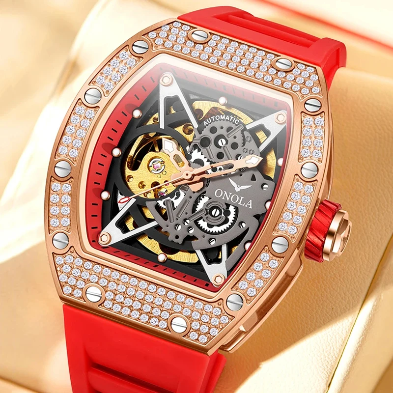 

Новые роскошные механические часы с бриллиантами для мужчин, спортивный силиконовый ремешок, водонепроницаемые модные автоматические часы с полым скелетом, мужские часы
