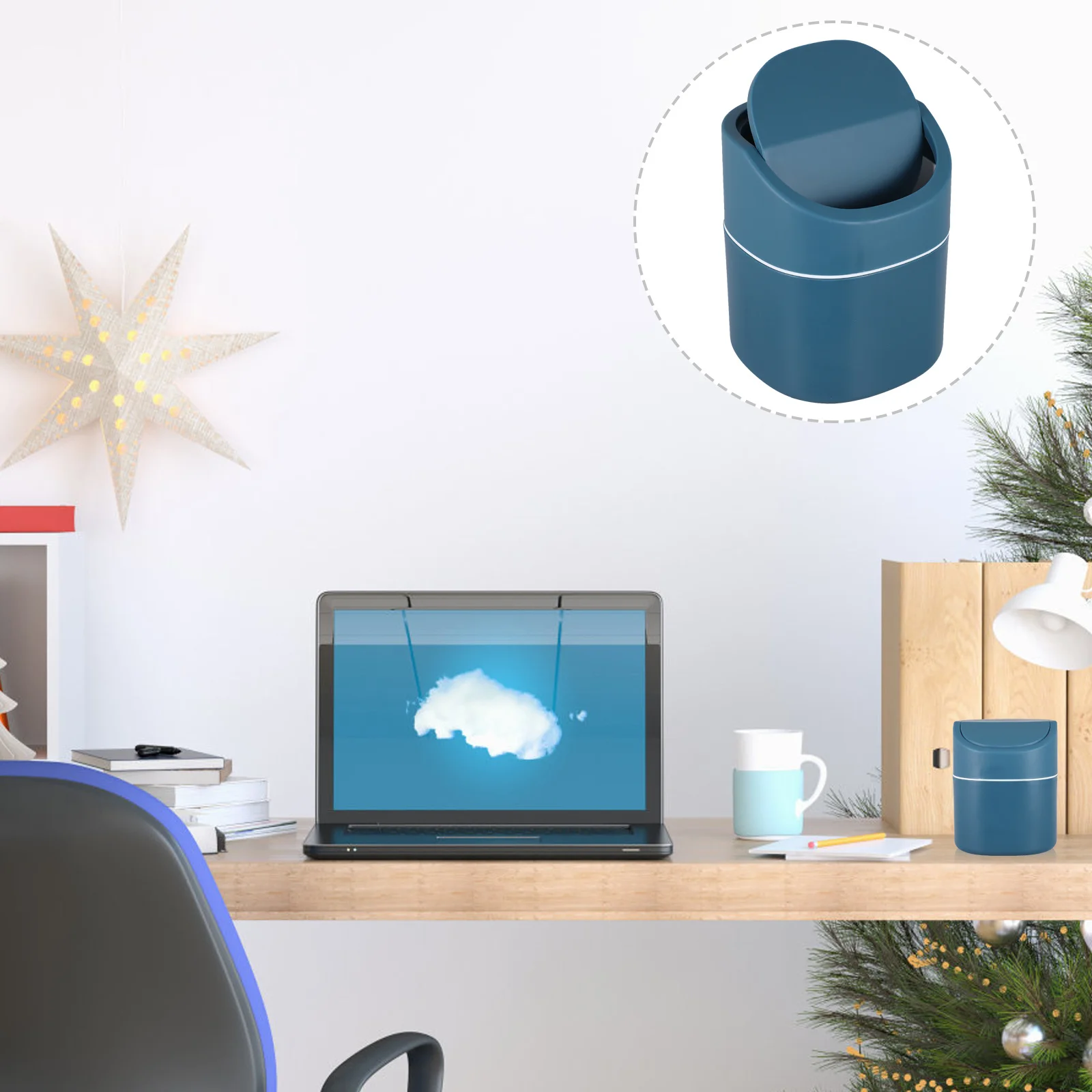 

1Pcs Dark Blue Creative Mini Trash Bin with Lid Desktop Sundry Garbage Container for Home Table Cabinet Trash Bin with Cover