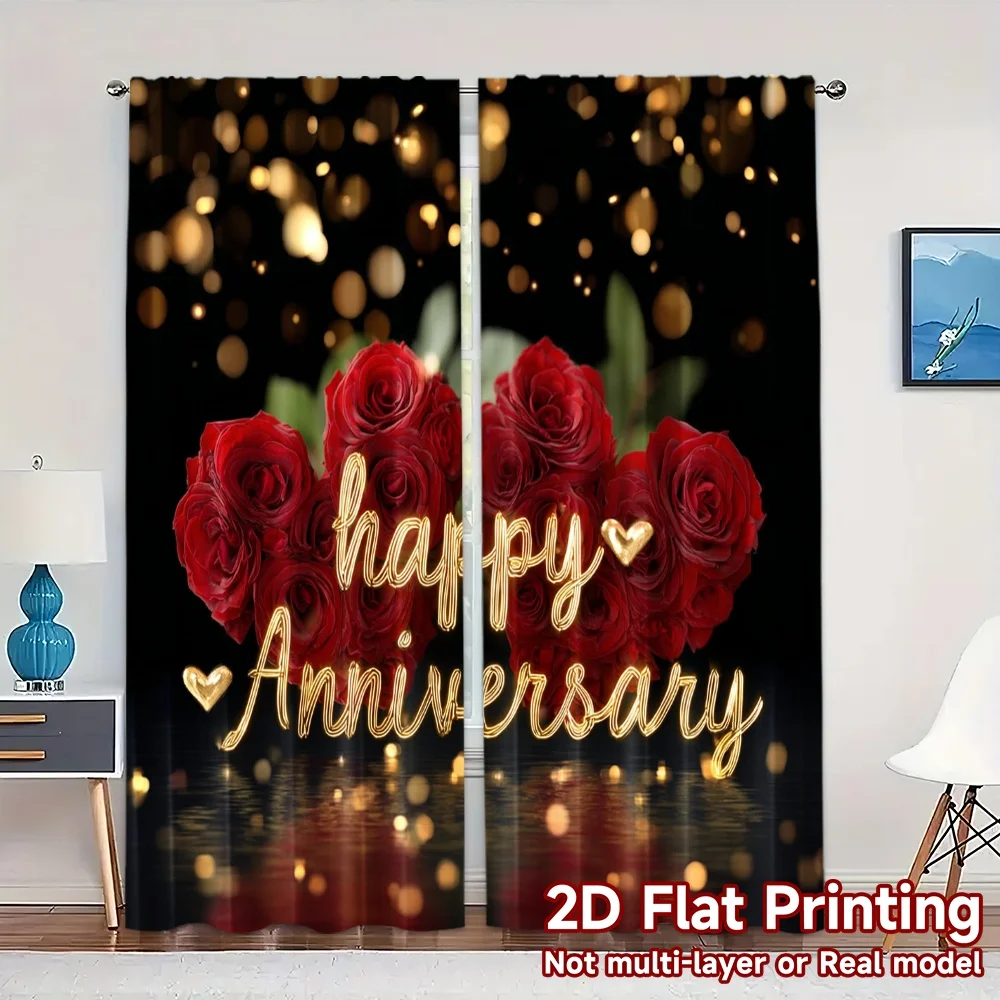 2pcs, 2D FLAT PRINTING Curtains (Without Rod) Anniversary Bliss Popular Print Curtains Semi-Sheer Curtains Outdoor Decorations
