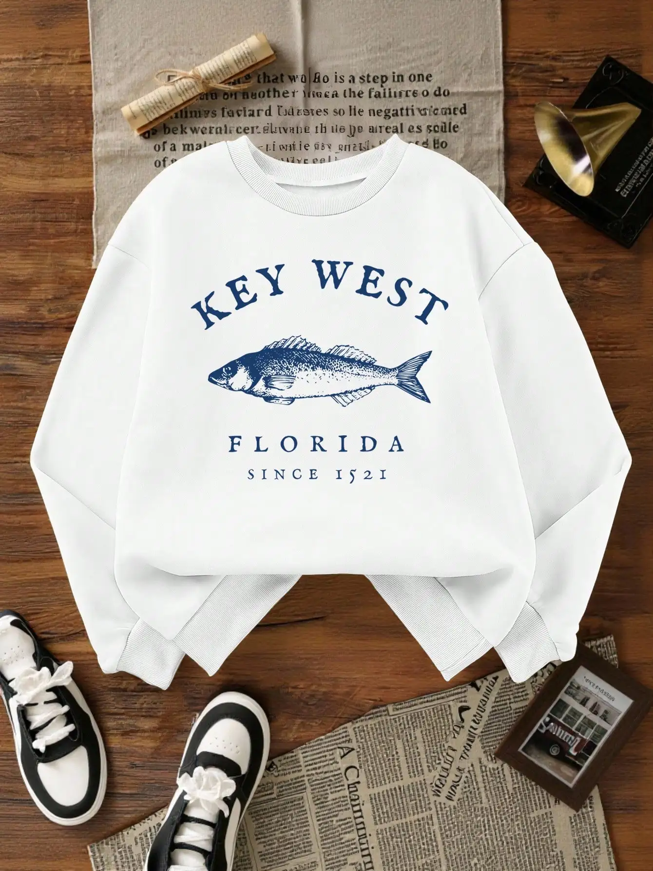 

Женская толстовка с принтом рыбы Key West Florida, винтажный стиль ретро, повседневный топ на осень-зиму