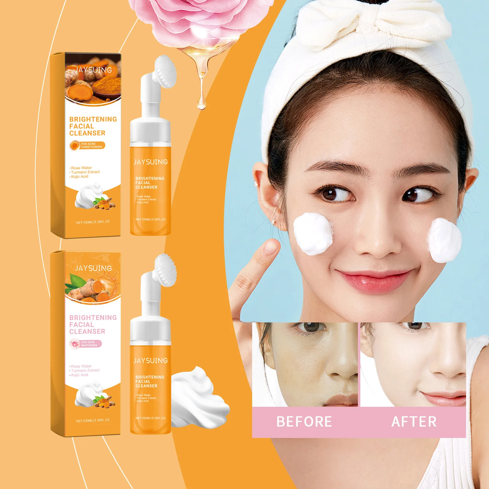 Hot Sale Jaysuing Turmeric Cleansing Mousse Gently Cleanses Facial Skin Pores Cleanser Brightens and Moisturizes Skin