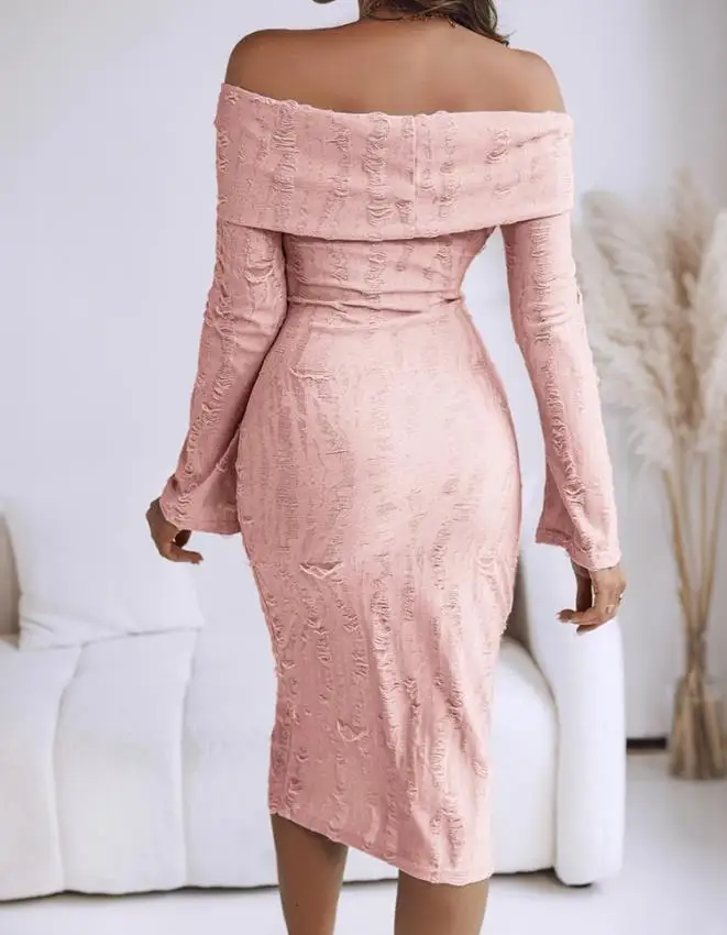 

Sexy Dresses Women Off Shoulder Long Sleeve Hollow Out Elegant Knit Dress Temperament Female Casual Slim Midi Sweater Dress