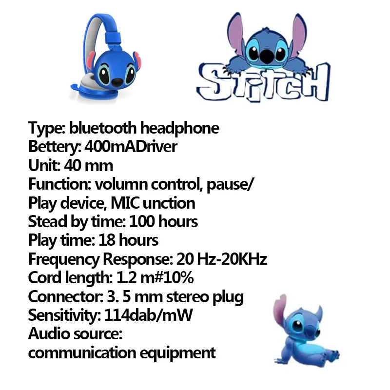 New Stitch Bluetooth Headphones AH-906 Disney Wireless Earbuds HIFI Sound Foldable Headsets with Mic Anime Cartoon Kids Gifts