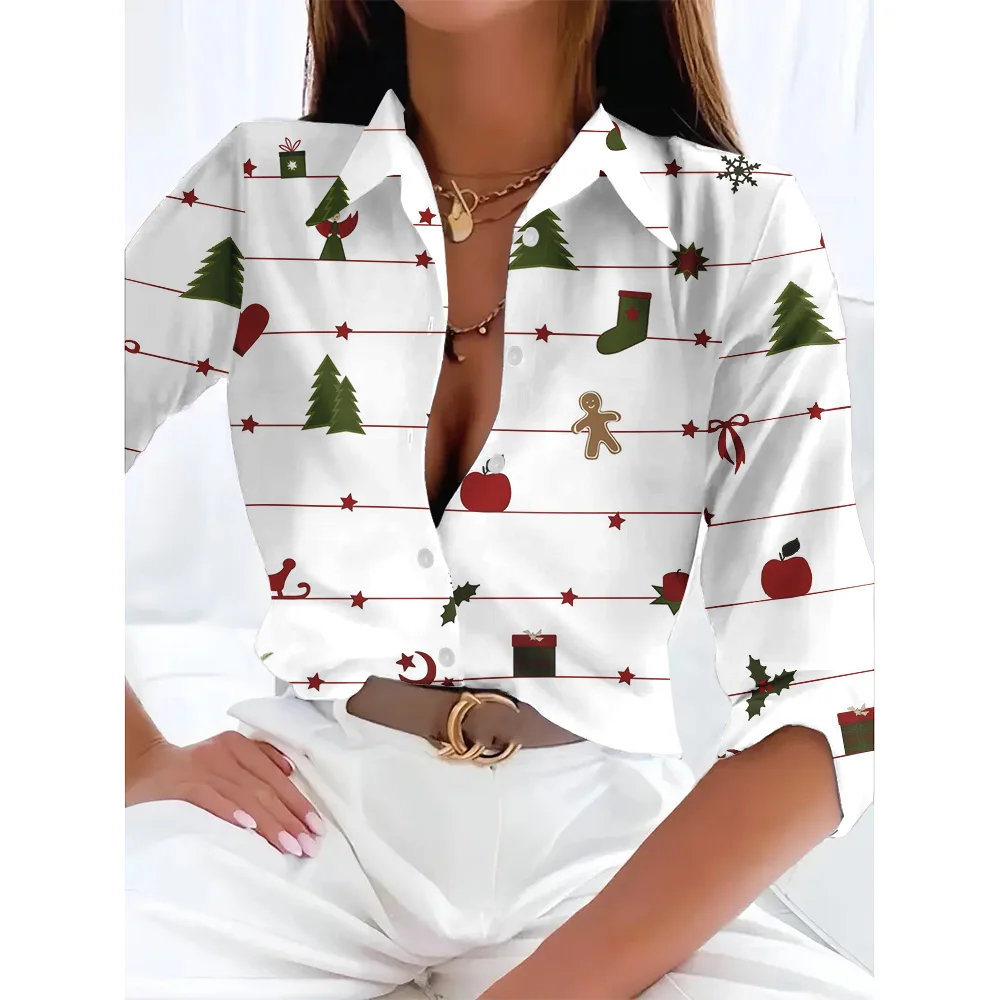 3d Snowflake Printed Women's Basic Tops Harajuku Christmas Single Breasted Lapel Basic Shirts Plus Size Plus Size Office Lady