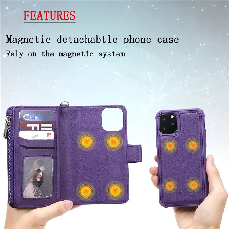 Etui z odłączanym magnesem do iPhone'a 16e 15 Pro Max 14 13 Mini 12 11 SE3 SE2 XR 8 7 Plus Skórzane etui na karty Pokrowiec na torebkę — zdjęcie produktu 3