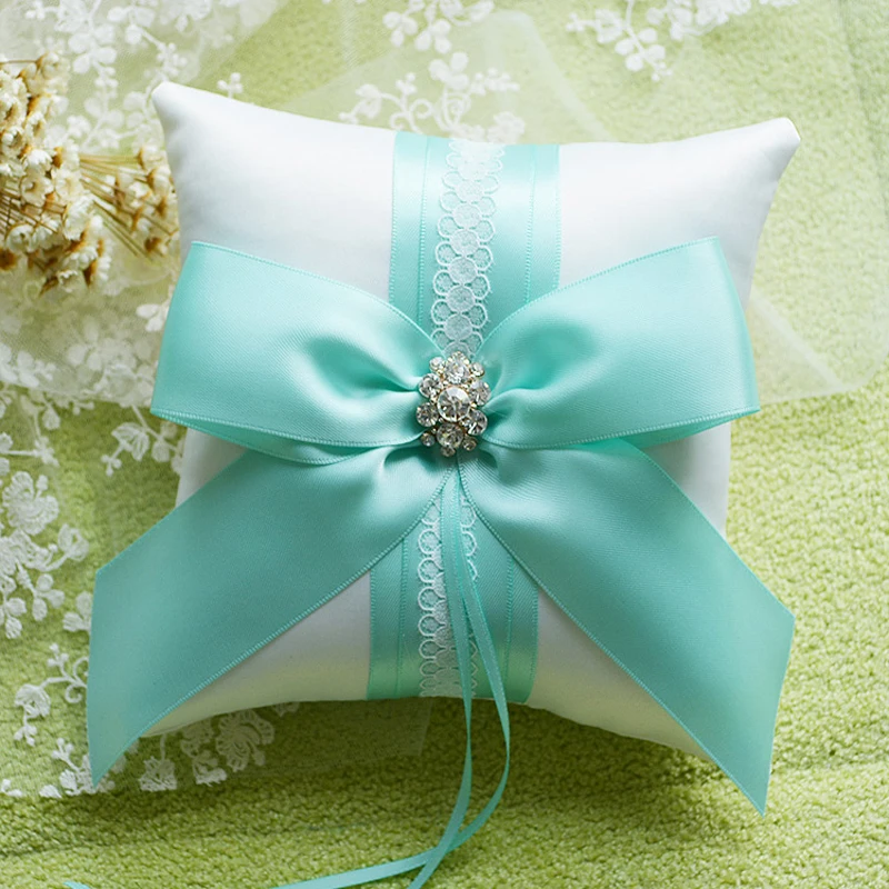 

Top Quality Tiffany Color Wedding Ring Pillow Big Bowknot Ribbon Rhinestone Pillow Cushion Party Bride Wedding Decoration