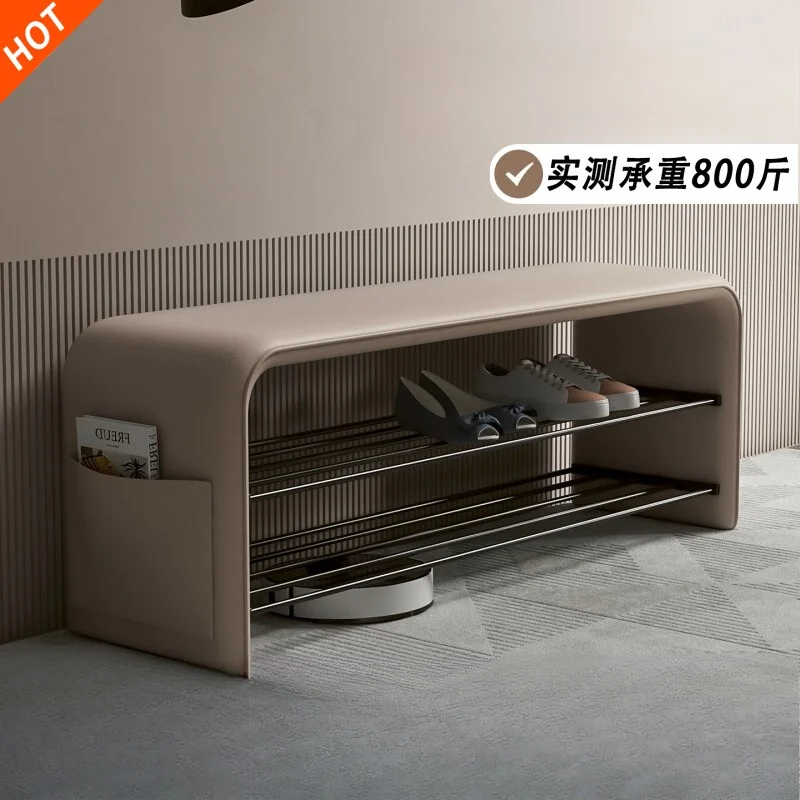 Italian light luxury bench double-layer shoe rack version high-end leather door shoe change stool shoe cabinet bedroom integrate image 2