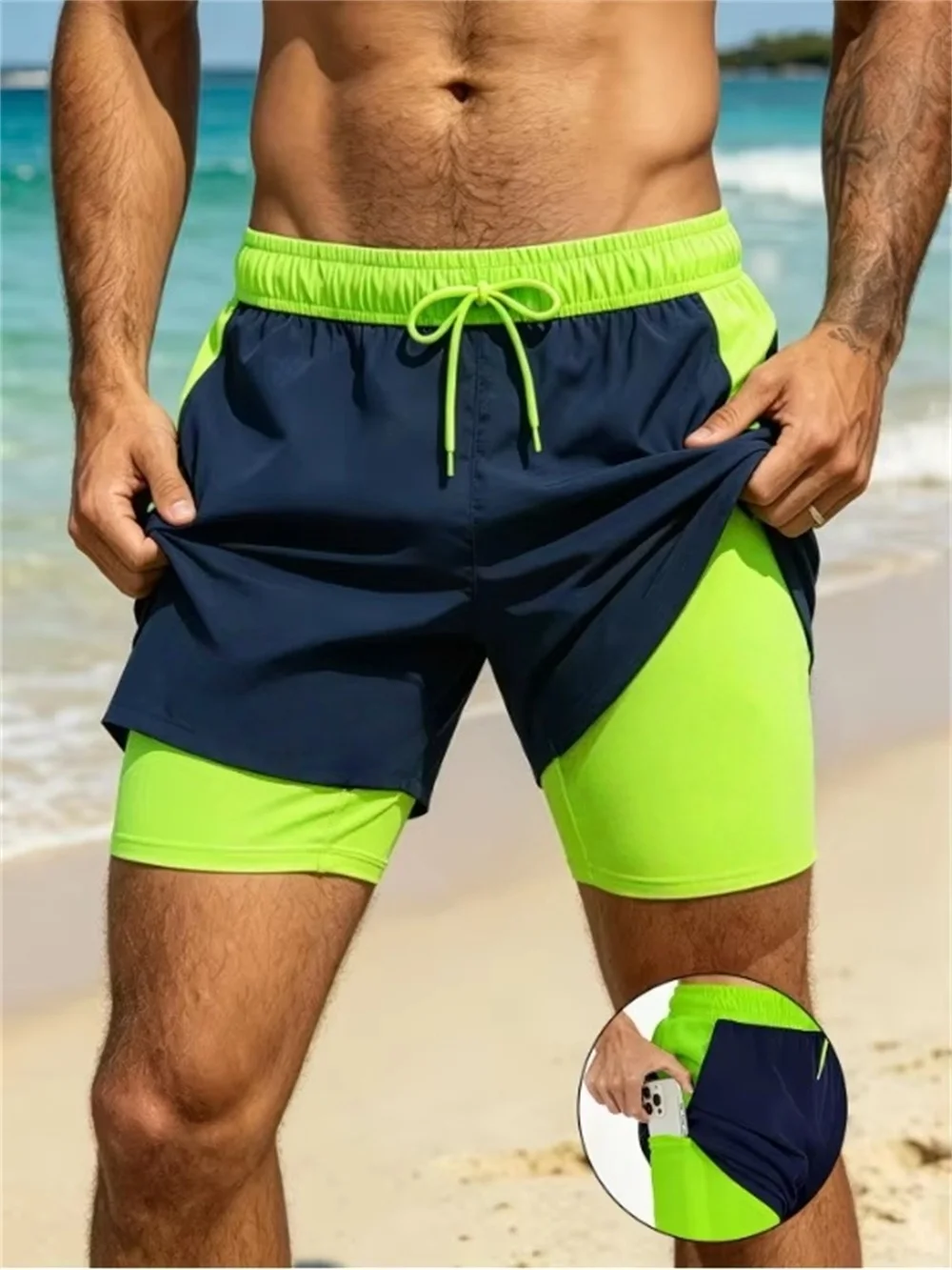 New men's summer double-layer quick-drying compression lining suitable for fitness, sports, surfing, beach shorts drawstring