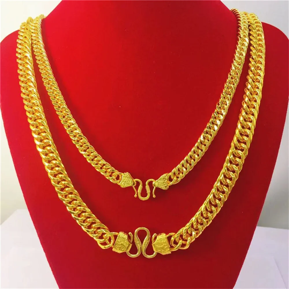 Electroplated 24k Vietnamese Sand Gold Side Chain Thickened 6-8-10-12 Mm Double Buckle Dragon Pattern Necklace