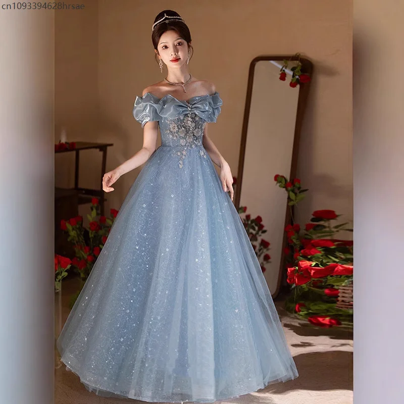 

Элегантное синее свадебное вечернее платье с открытыми плечами для женщин, бальное платье, роскошная длинная юбка трапециевидной формы в стиле принцессы