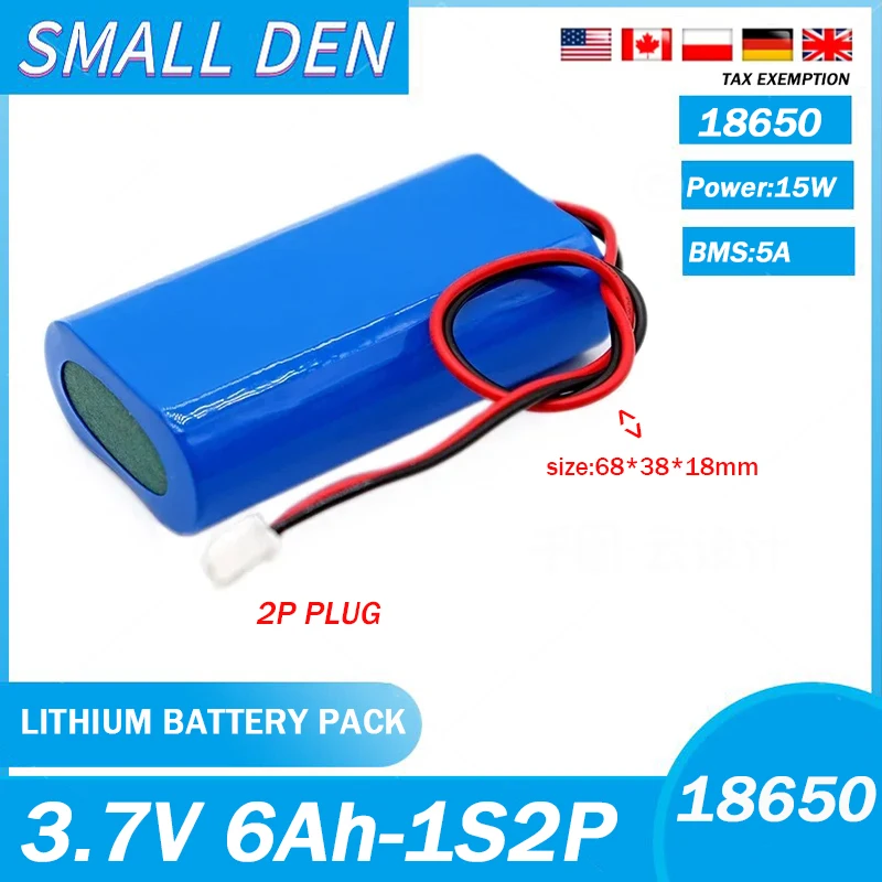 1S2P 18650 Lithium Battery Rechargeable Pack 3.7V 6A for 6000mAh Children's Toys Megaphone Speaker Small Player with 2P Plug