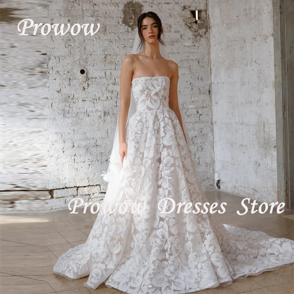 

Prowow Luxury Beading Lace Wedding Dresses Strapless A Line Bridal Gowns Floor Length Zipper Sweep Train Free Customized