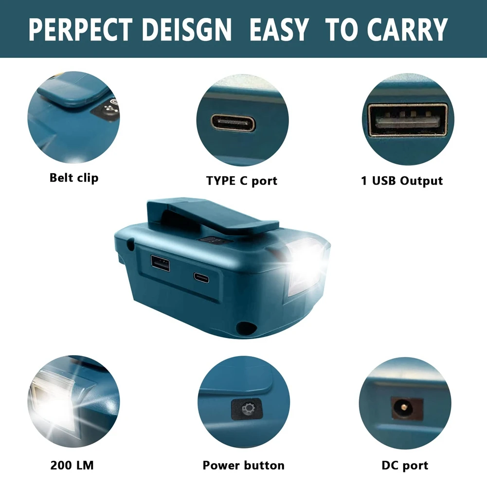 A98E-Battery Adapter For Ma-Kita 18V ADP05 With Belt Clip & USB & 12V DC Port & Type C Connector & 3W LED Torch