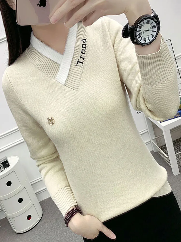 New V-Neck Warm Soft Pullover Sweater Women Slim Thicken Plush Velvet Lined Fashion Jumper Long Sleeve Woman's Casaul Sueter Top