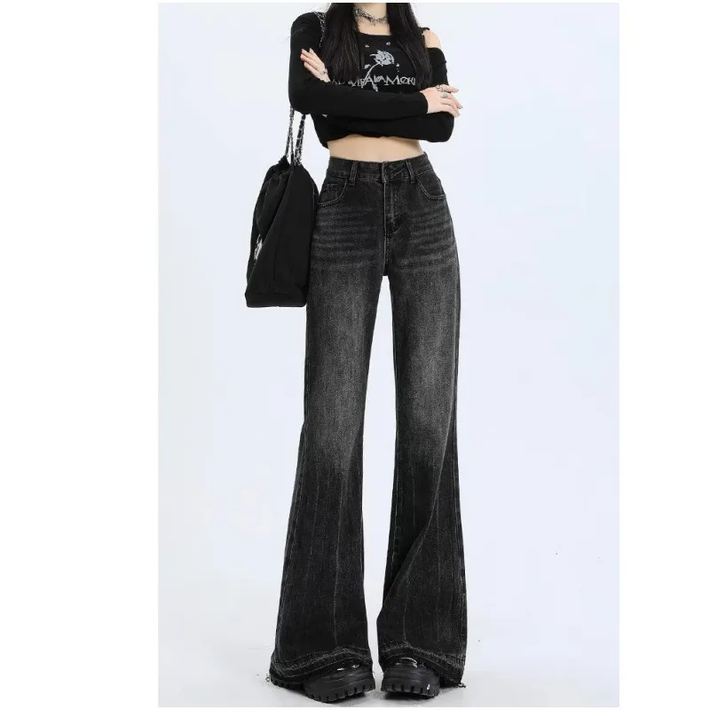 

Женские джинсы-клеш с высокой талией, широкими штанинами, свободного кроя, стройнящие, струящиеся, с рваными краями, прямые, осенне-зимние