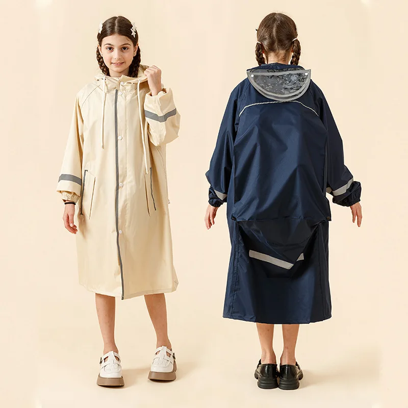 Kids Trench-Style Rain Poncho - Thickened Extended Full-Body Raincoat with Schoolbag Slot for Students